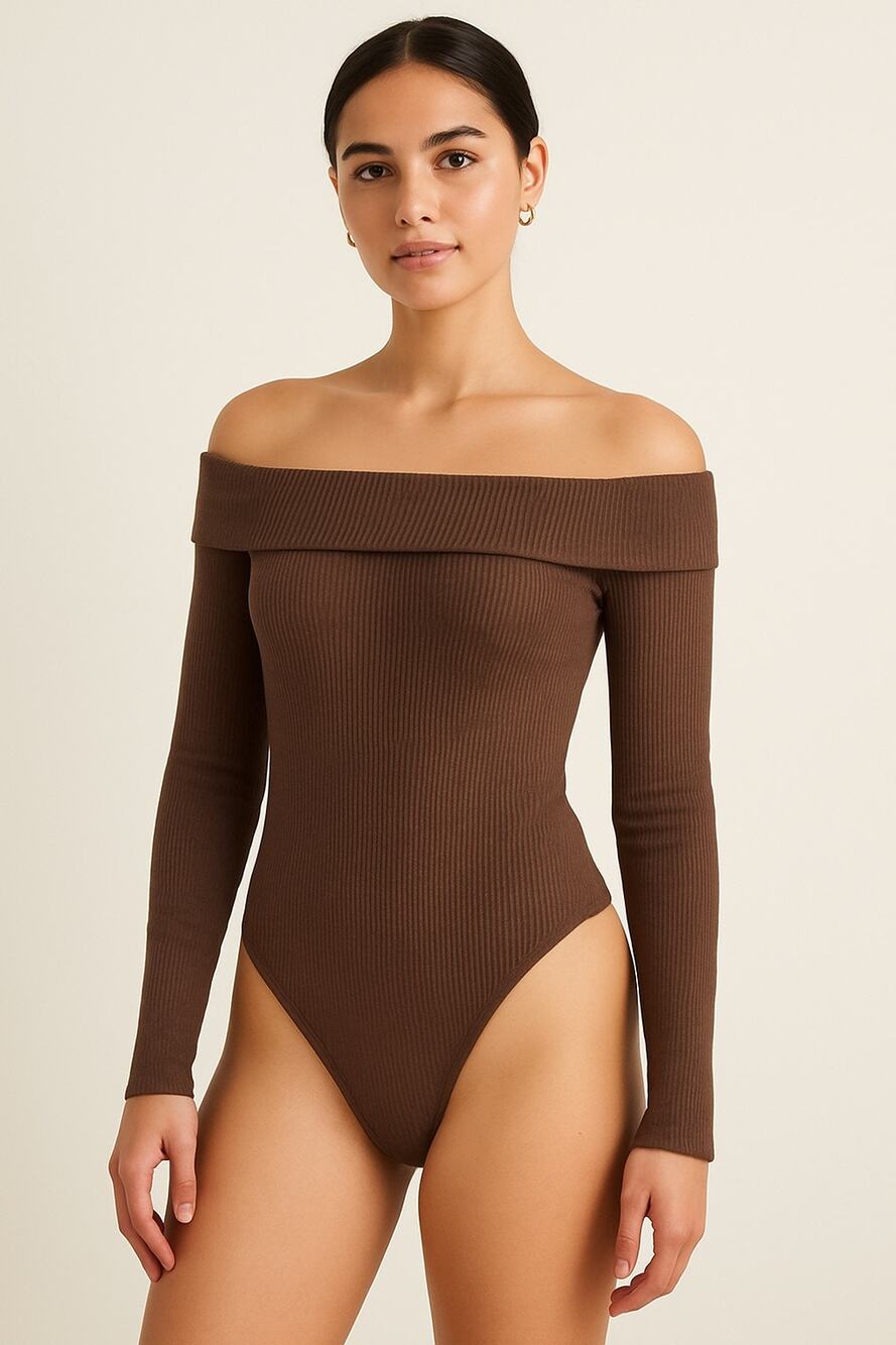 Aerie Off Shoulder Ribbed Long Sleeve Bodysuit Brown Size Small